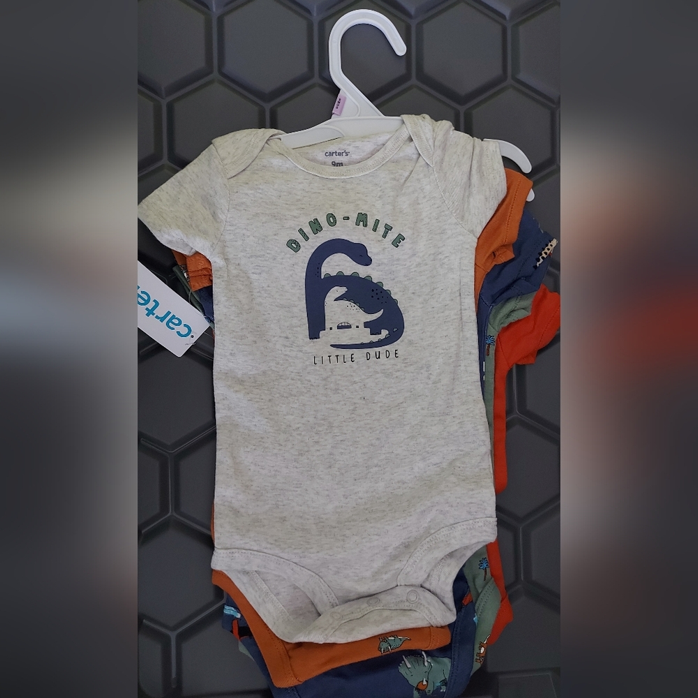 **3 Listing $30**  Carter's Gray Onesie with Blue Dinosaur Design